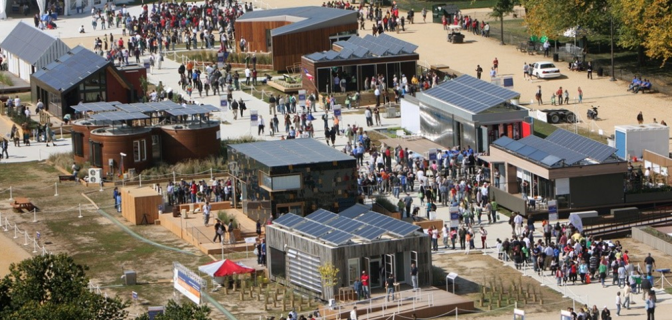 Aerial picture of solar powered houses.