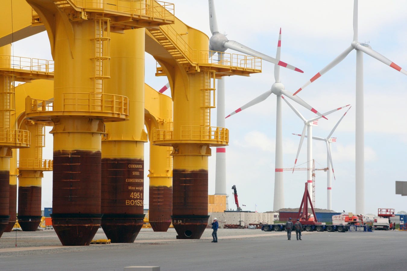 Offshore wind foundations await loadout.