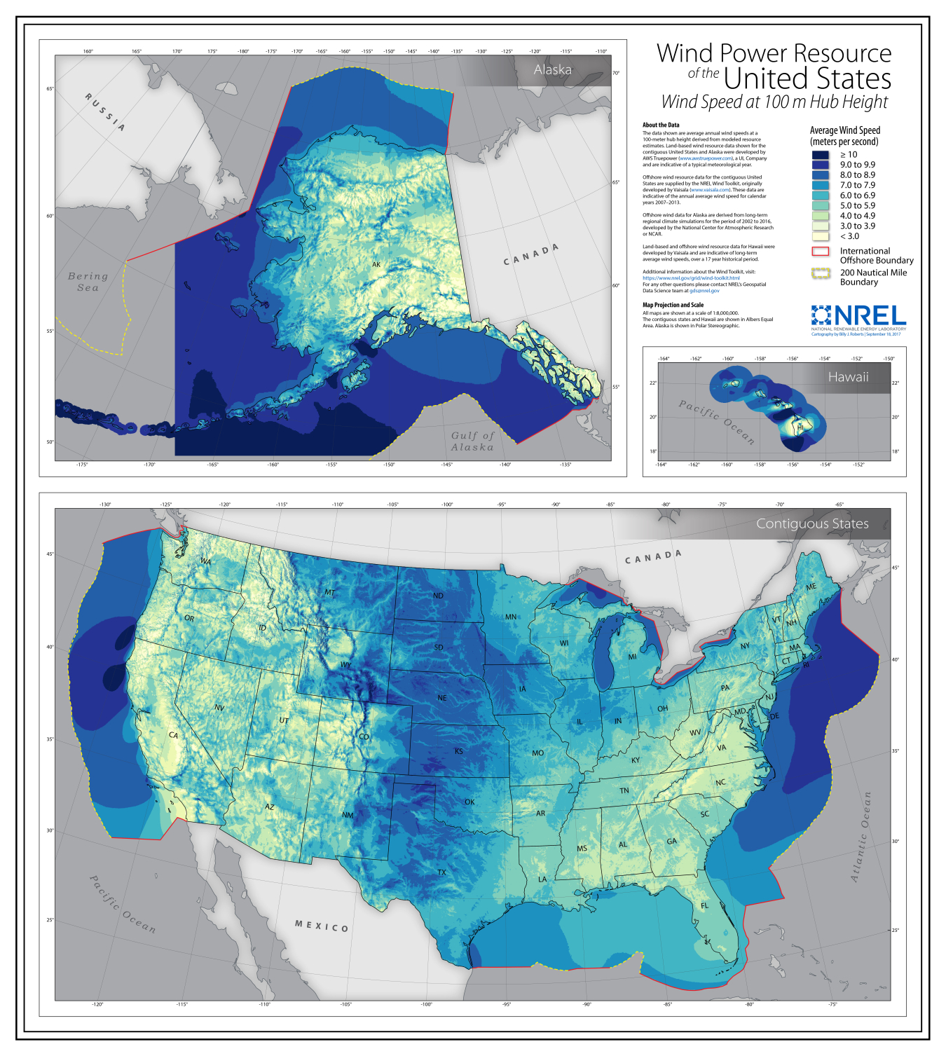 A map of the wind resources in the United States, including the high offshore wind resources