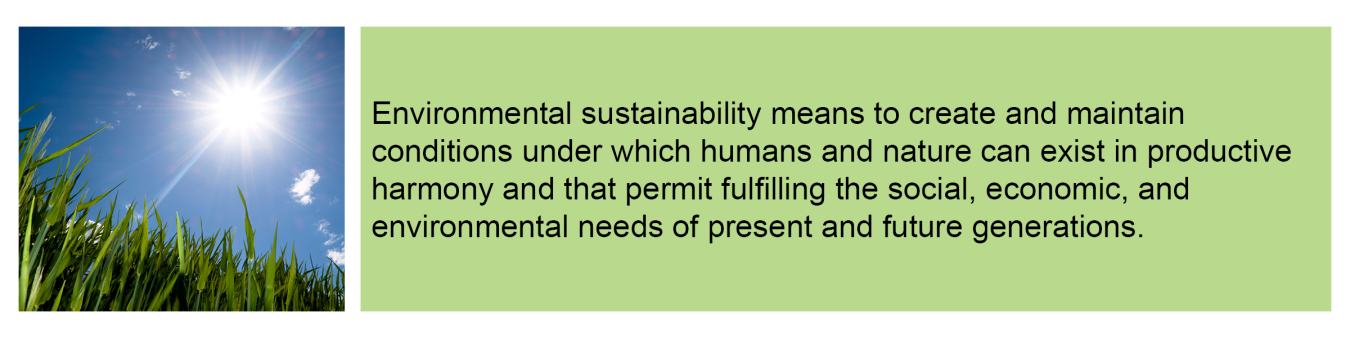 Environmental sustainability means to create and maintain conditions under which humans and nature can exist in productive harmony and that permit fulfilling the social, economic, and environmental needs of present and future generations.