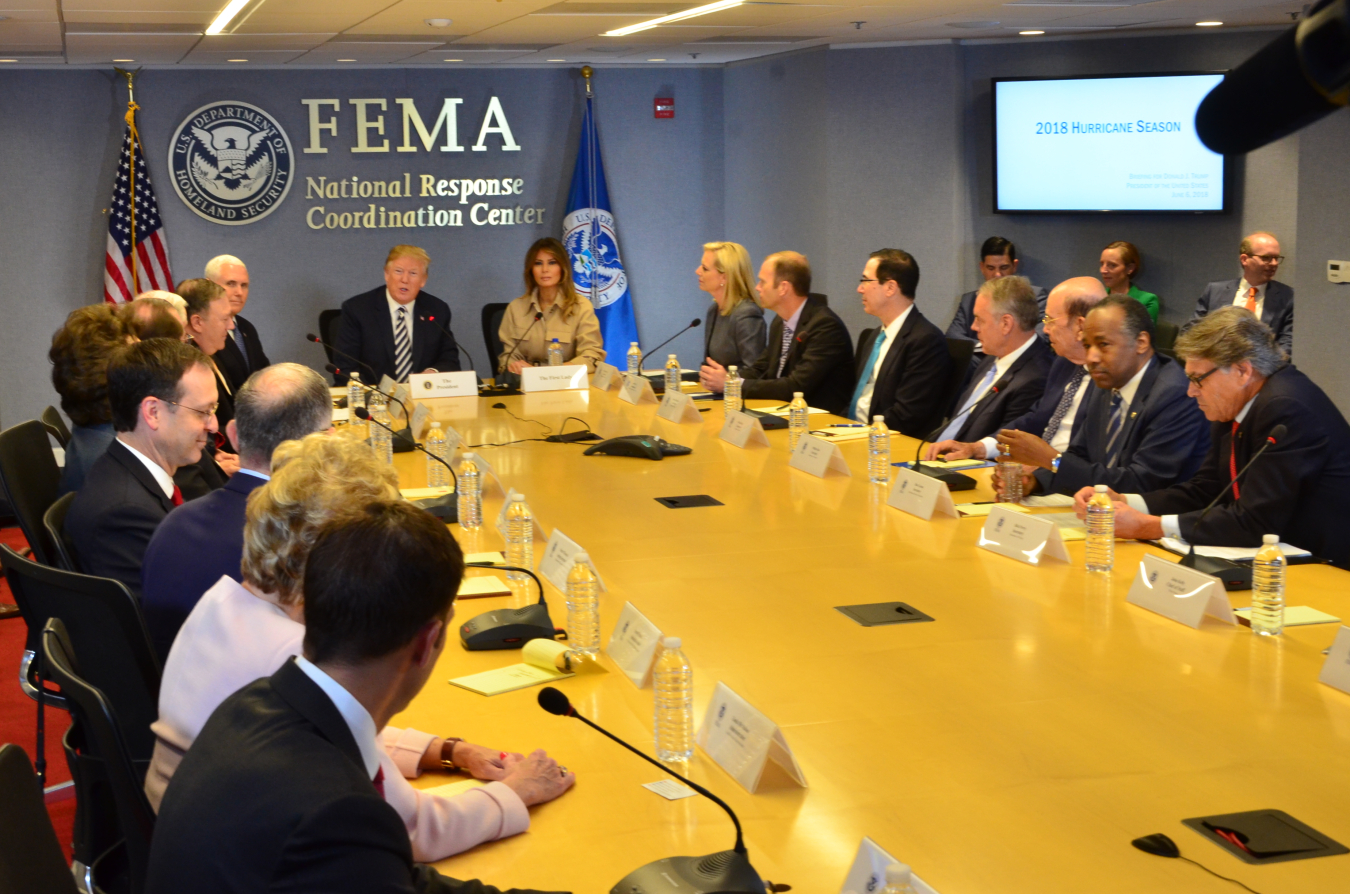 Photo of the President and other participants at the 2018 FEMA hurricane briefing 