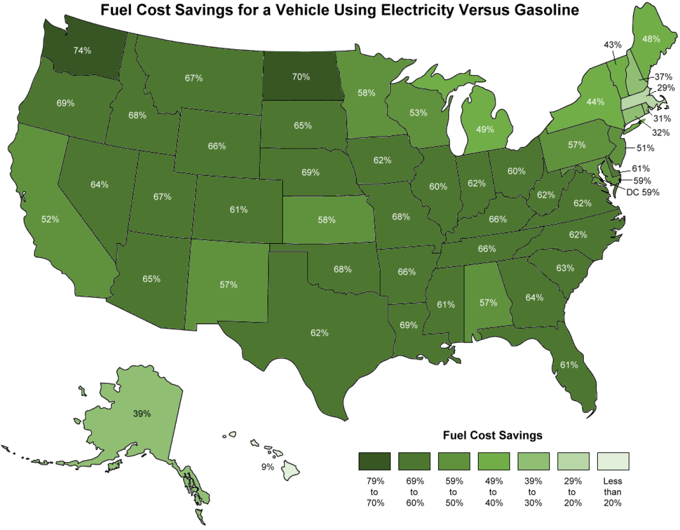 Map of the U.S. showing fuel cost savings for a vehicle using electricity versus gasoline.