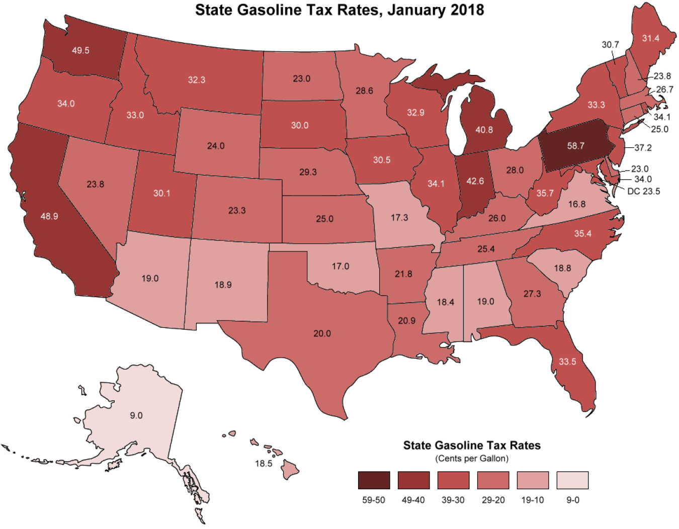 Map of the United States showing state gasoline tax rates in January 2018.