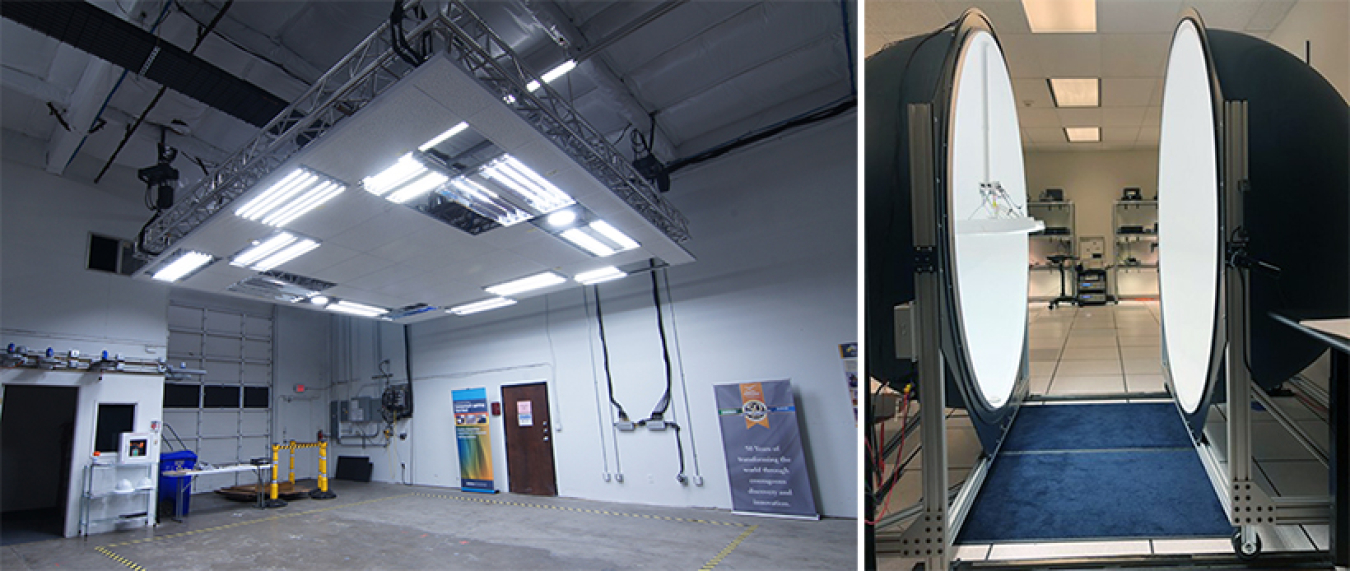 Two photos showing a mockup space with luminaires installed, and laboratory sphere testing of a high-efficacy luminaire.