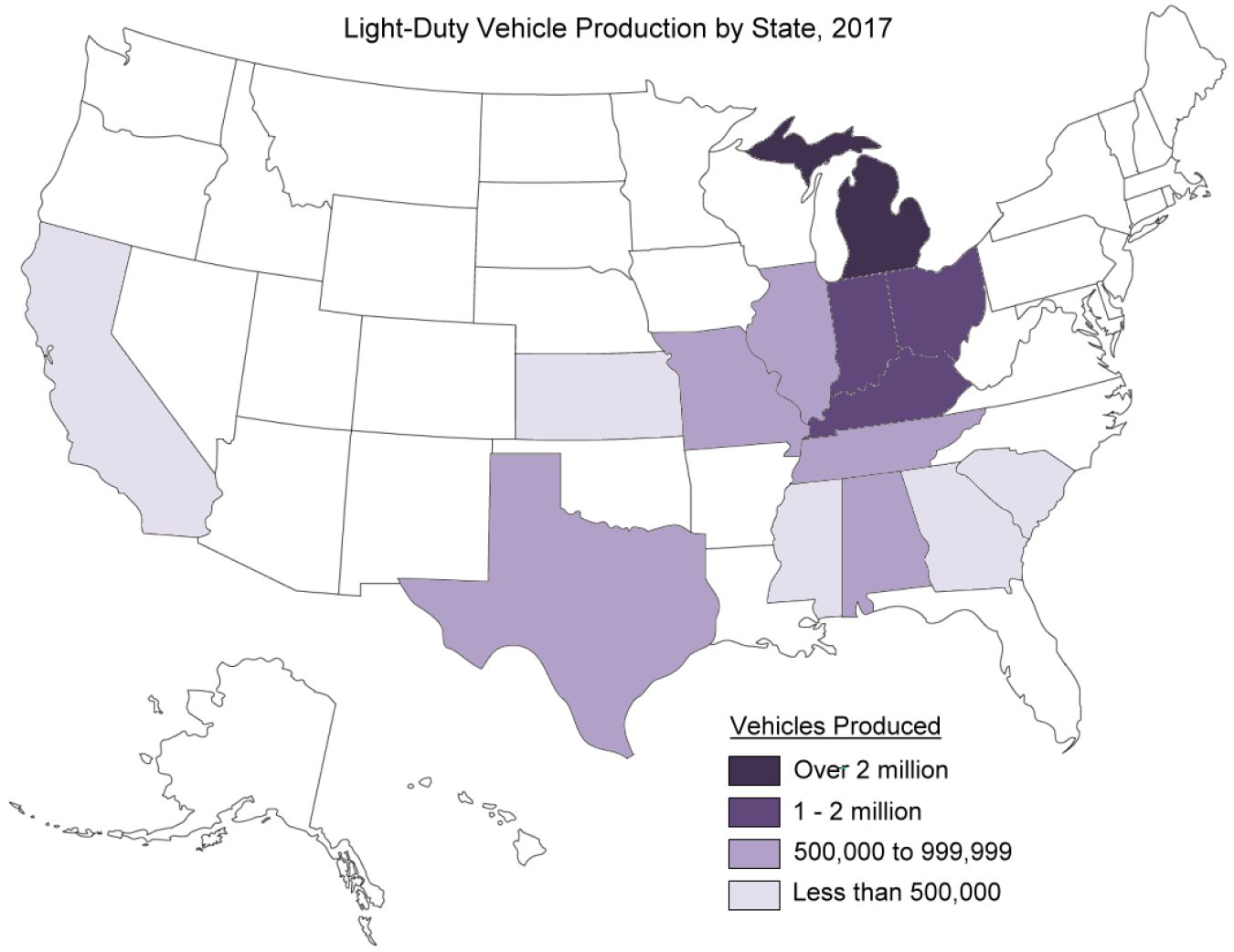 Light duty vehicle production by state in 2017.