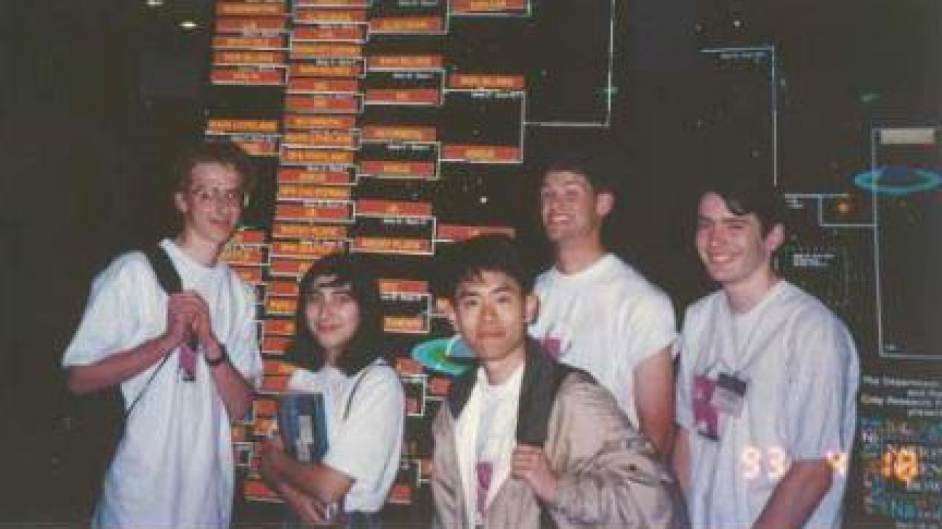 The Albany High School team as they arrive at the 1993 national competition: (L-R) Zach Teitler, Ilkay Can, Michael Wang, Ben Rudiak-Gould, and Matthew Siebert.