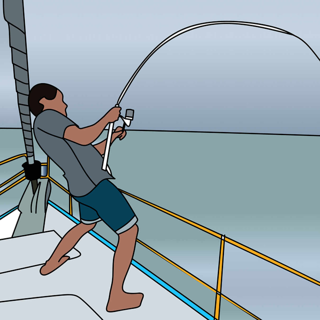 A drawing of a man on a fishing boat reeling in a fish on a fishing pole.