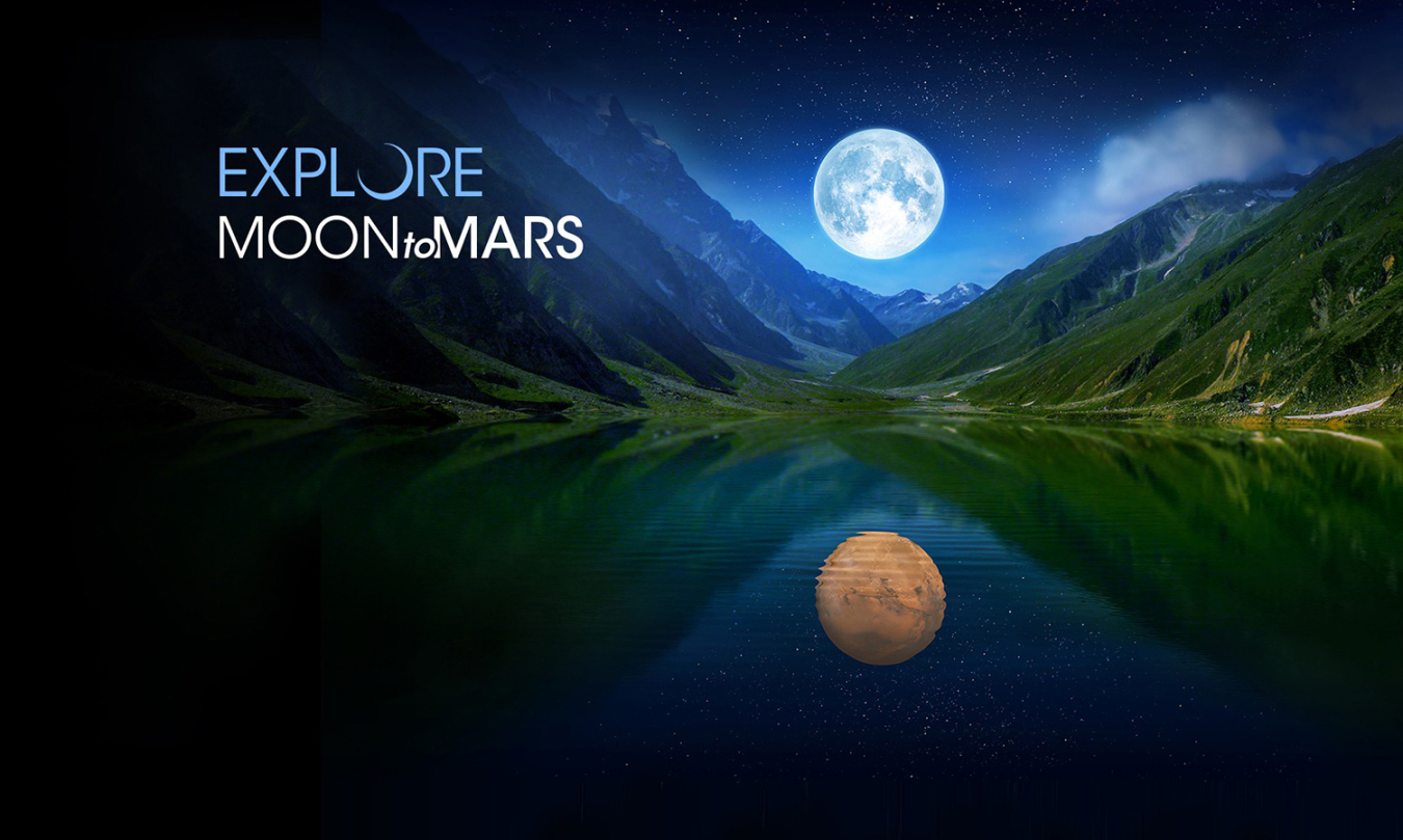 Art for NASA's "Moon to Mars" mission depicting the Moon above a mountain lake, with Mars reflected in the water.