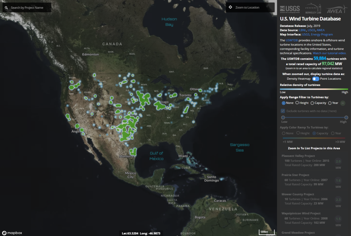 Screenshot of the U.S. Wind Turbine Database map.