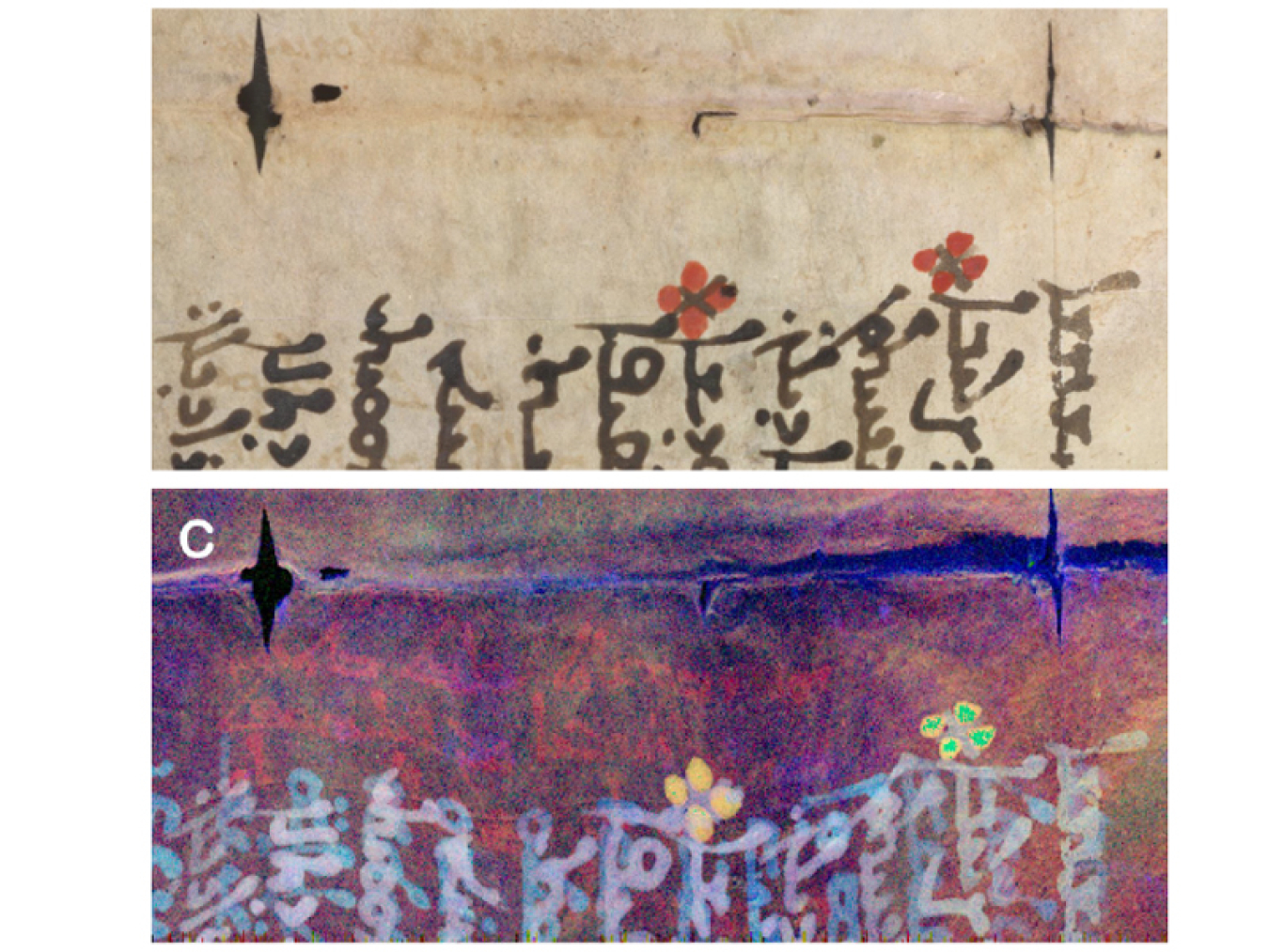 Comparison of the visible manuscript page (top) and the X-ray fluorescence image (bottom) of the Syriac Galen Palimpsest.  The horizontal text in pale red (bottom image) is the original Galen text.