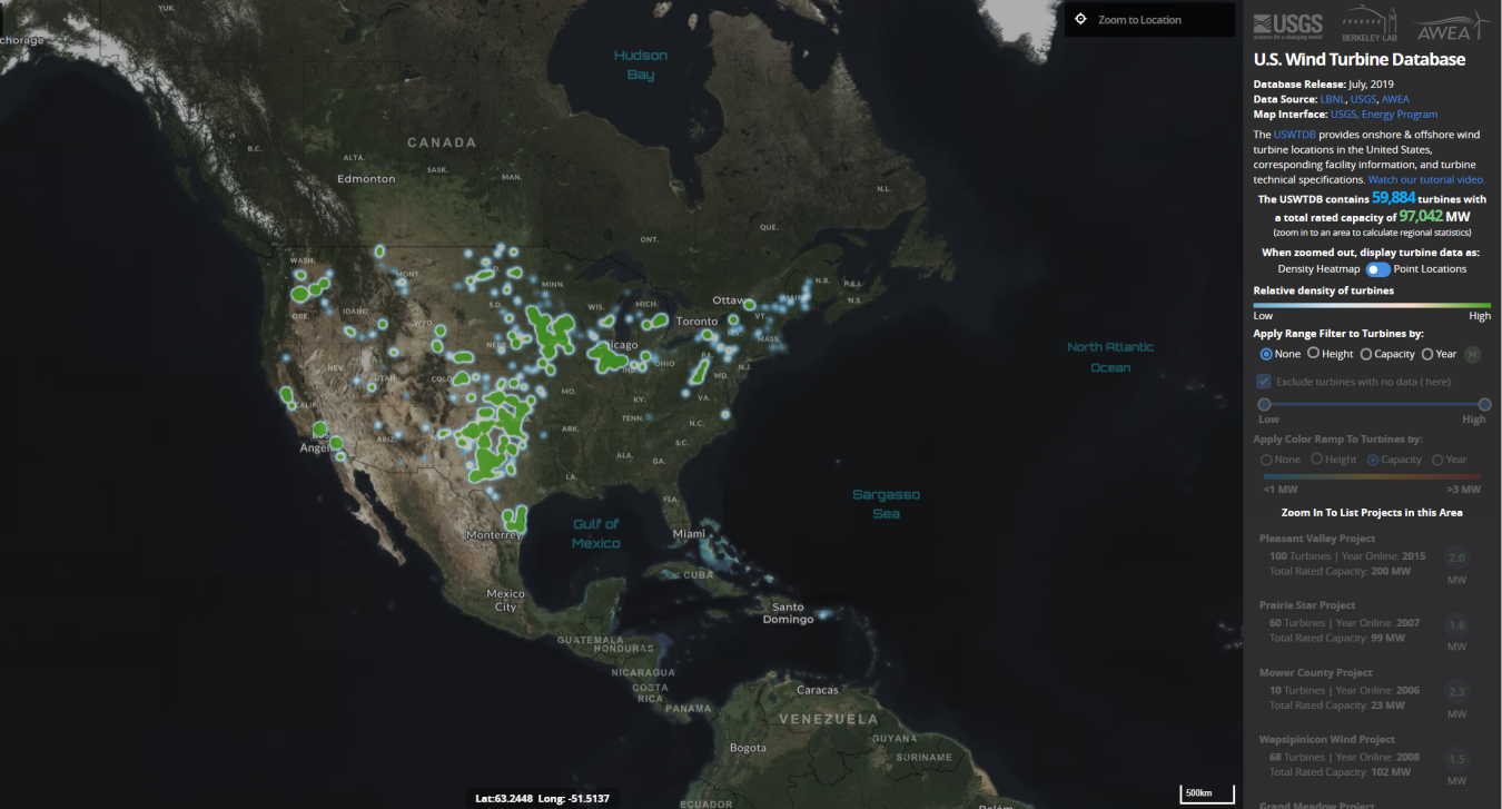 illustration of the united states showing the locations of wind turbines.