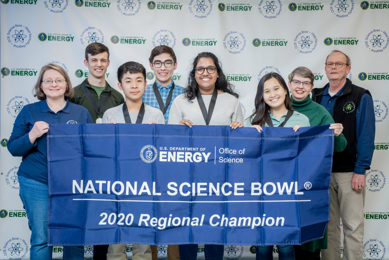 Gatton Academy Team One is shown with the winners' banner following the DOE West Kentucky Regional Science Bowl. 