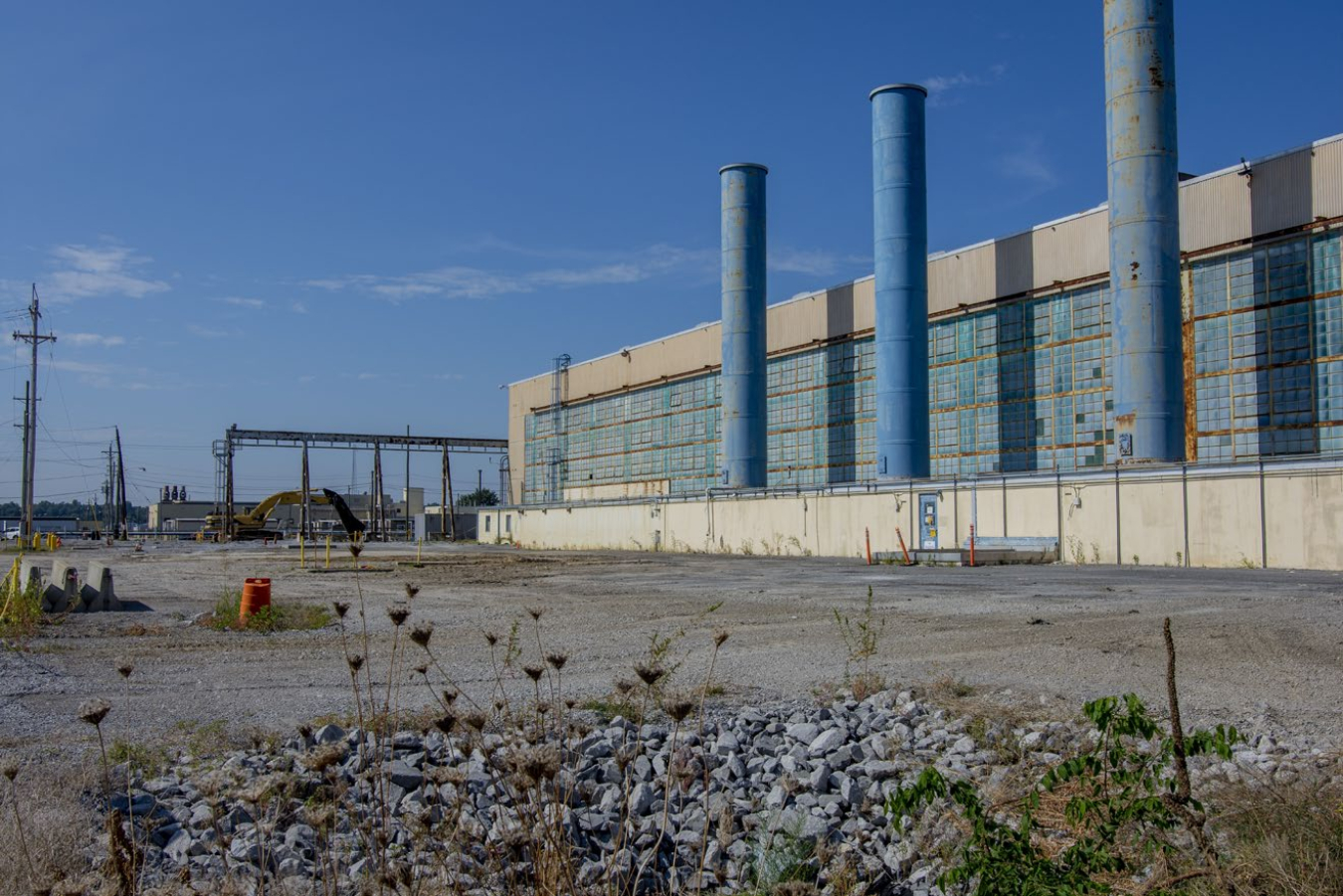 Pictured are the northwest and southwest ventilation stacks, which each stood 135 feet tall.