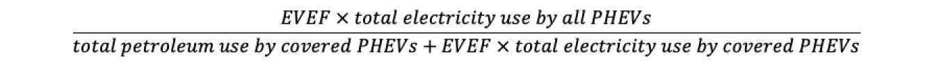 EVEF times total electricity use by all PHEVs divided by total petroleum use by covered PHEVs plus EVEF times total electricity use by covered PHEVs. 