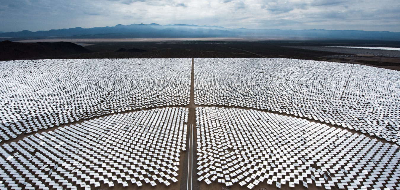 Bird's eye view of heliostats at concentrating solar-thermal power plant