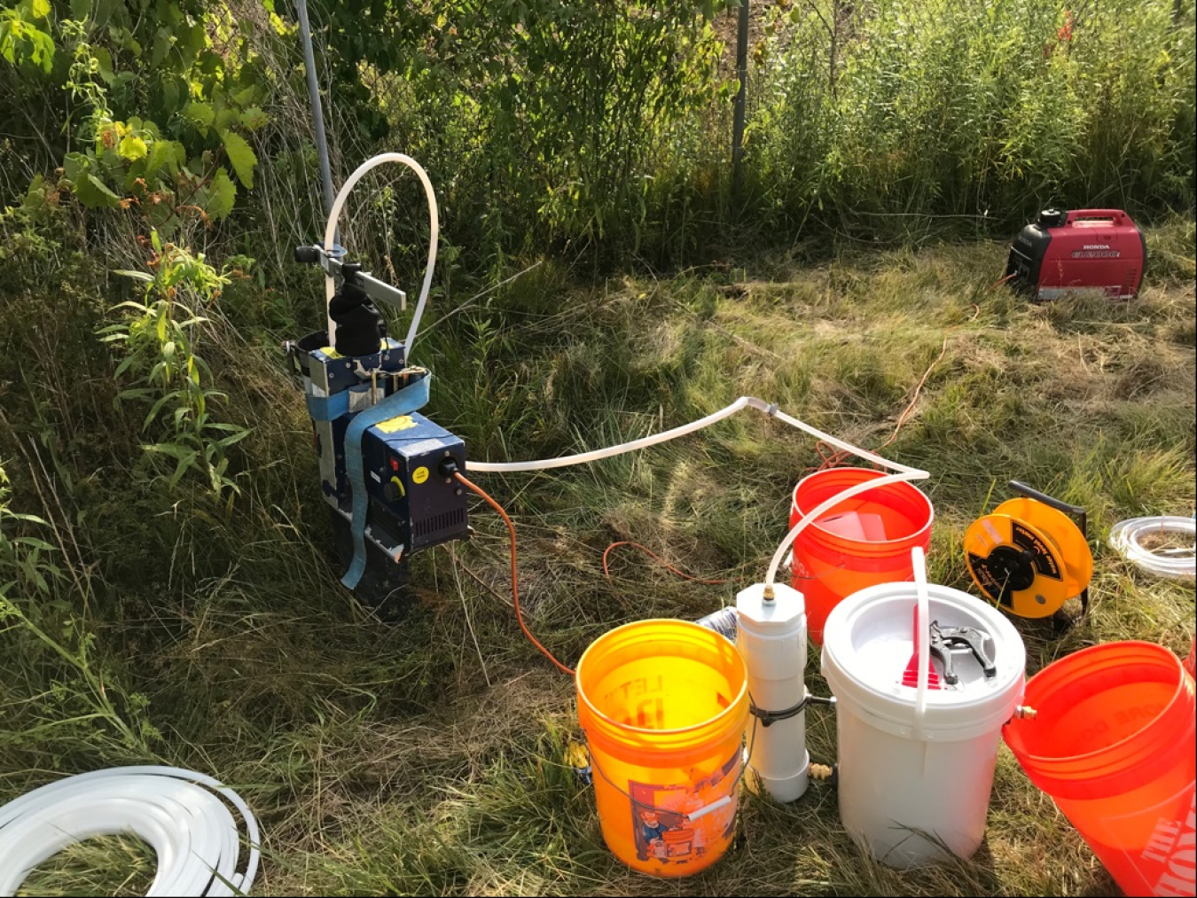 During this redevelopment of a well using a surge block, the purged water was filtered through activated carbon.