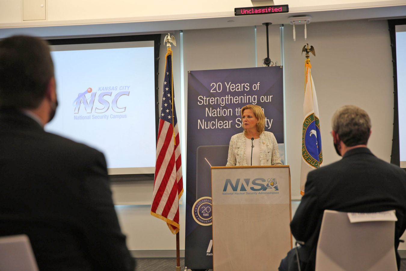 NNSA Administrator Lisa E. Gordon-Hagerty spoke to a live audience — and a virtual one — during a town hall at Kansas City National Security Campus.