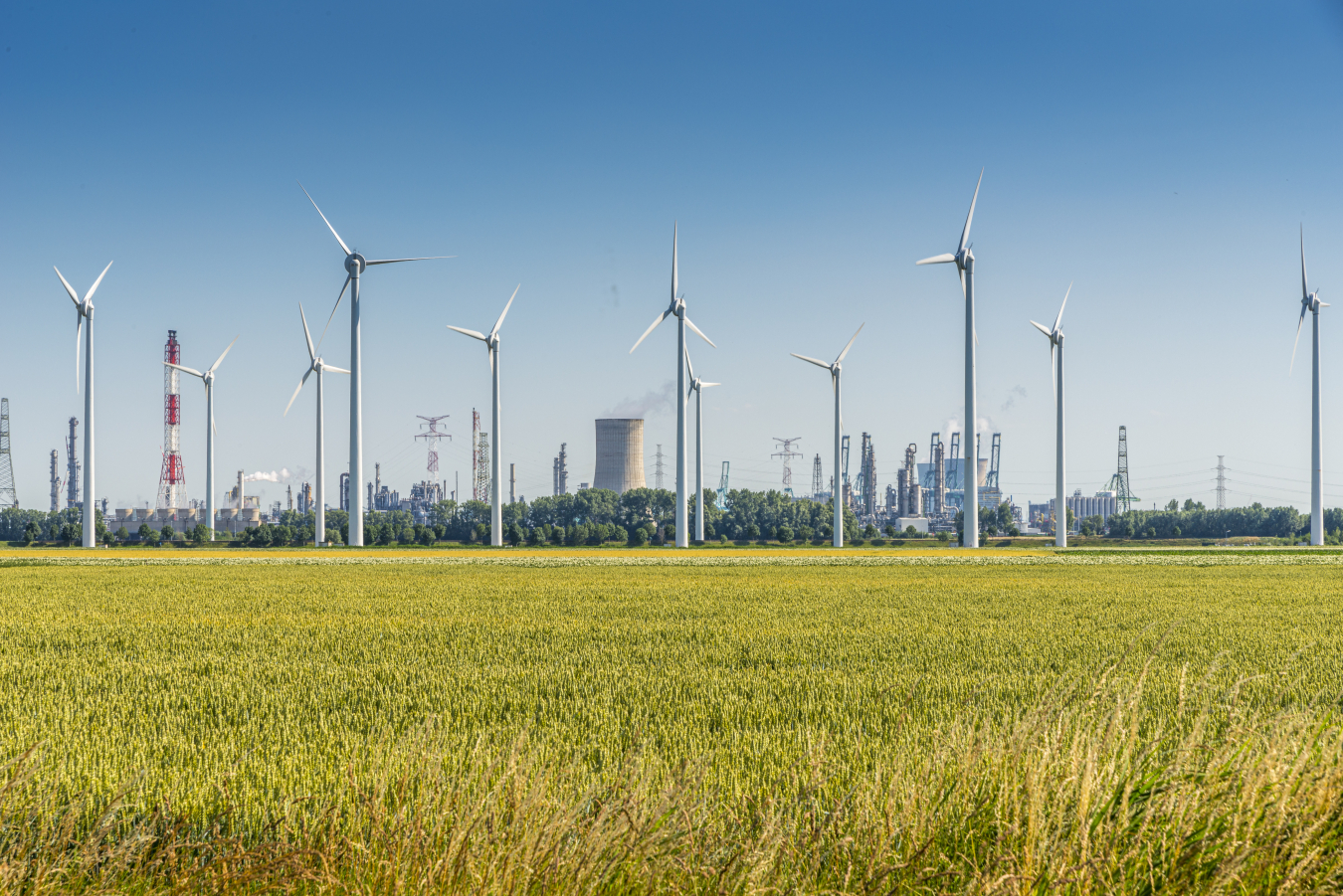 Skyline with nuclear and renewable energy sources and a grain field in the foreground, shot with a clear blue sky.