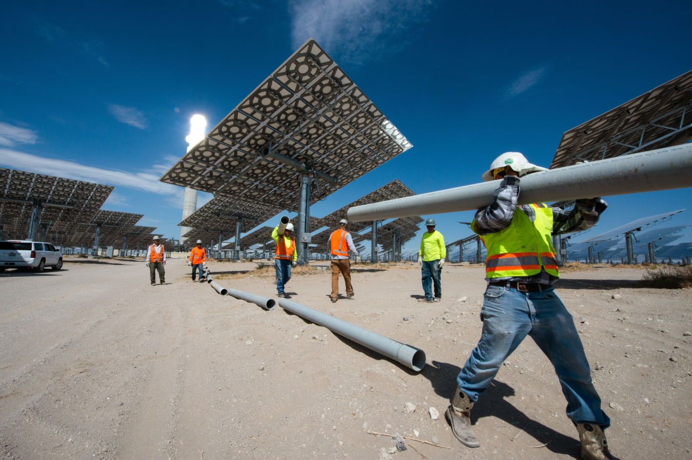 Contractors building a concentrating solar-thermal power plant. 