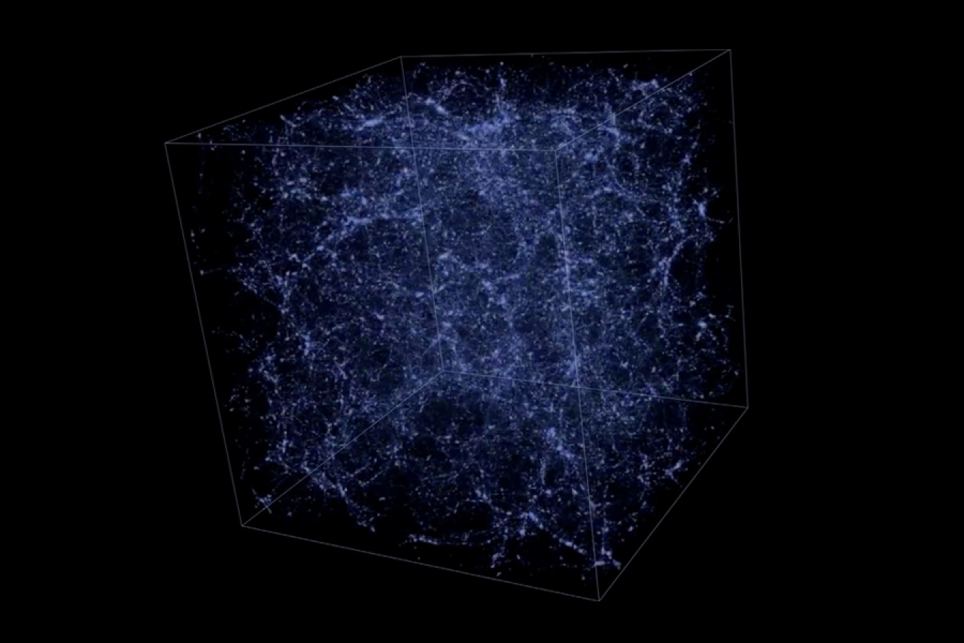 A 3D see-through cube with interconnected blue dots inside of it.