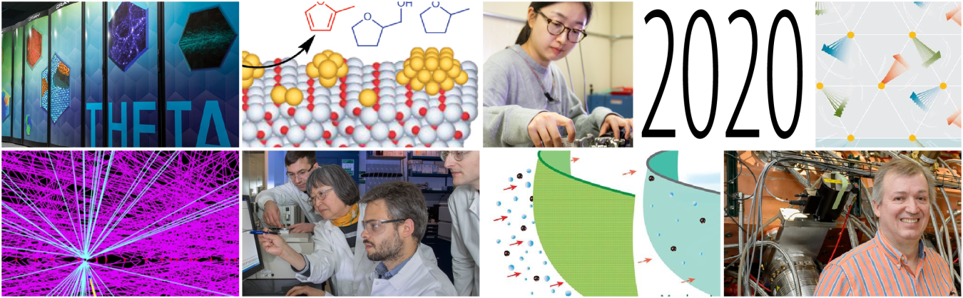 Collage of images, from top left – Theta supercomputer, yellow clumps of balls with red balls over white balls in a matrix, a woman conducting an experiment, 2020, balls with lines coming out of them, blue lines shooting out over a purple line background.