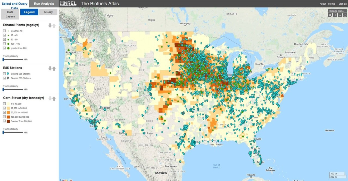 Map of potential of biomass-to-biofuels conversions at various locations and scales