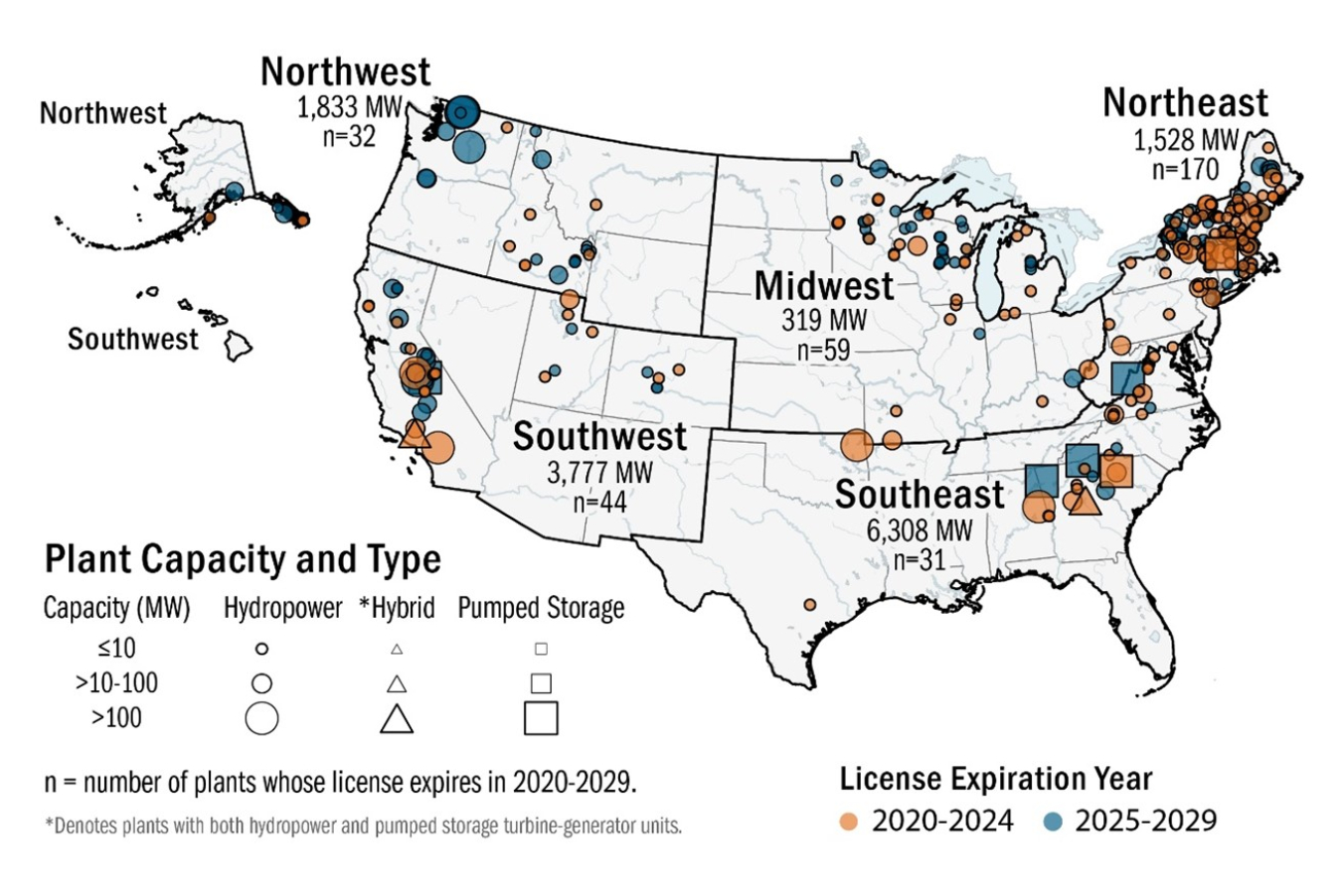 Map of Hydropower and PSH plants with licenses expiring in 2020–2029 