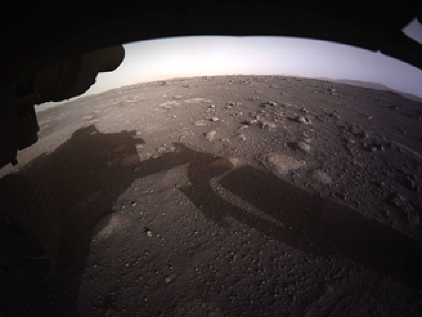 Perseverance’s first look at Mars, from the HazCams on the underside of the rover (Credit: NASA)