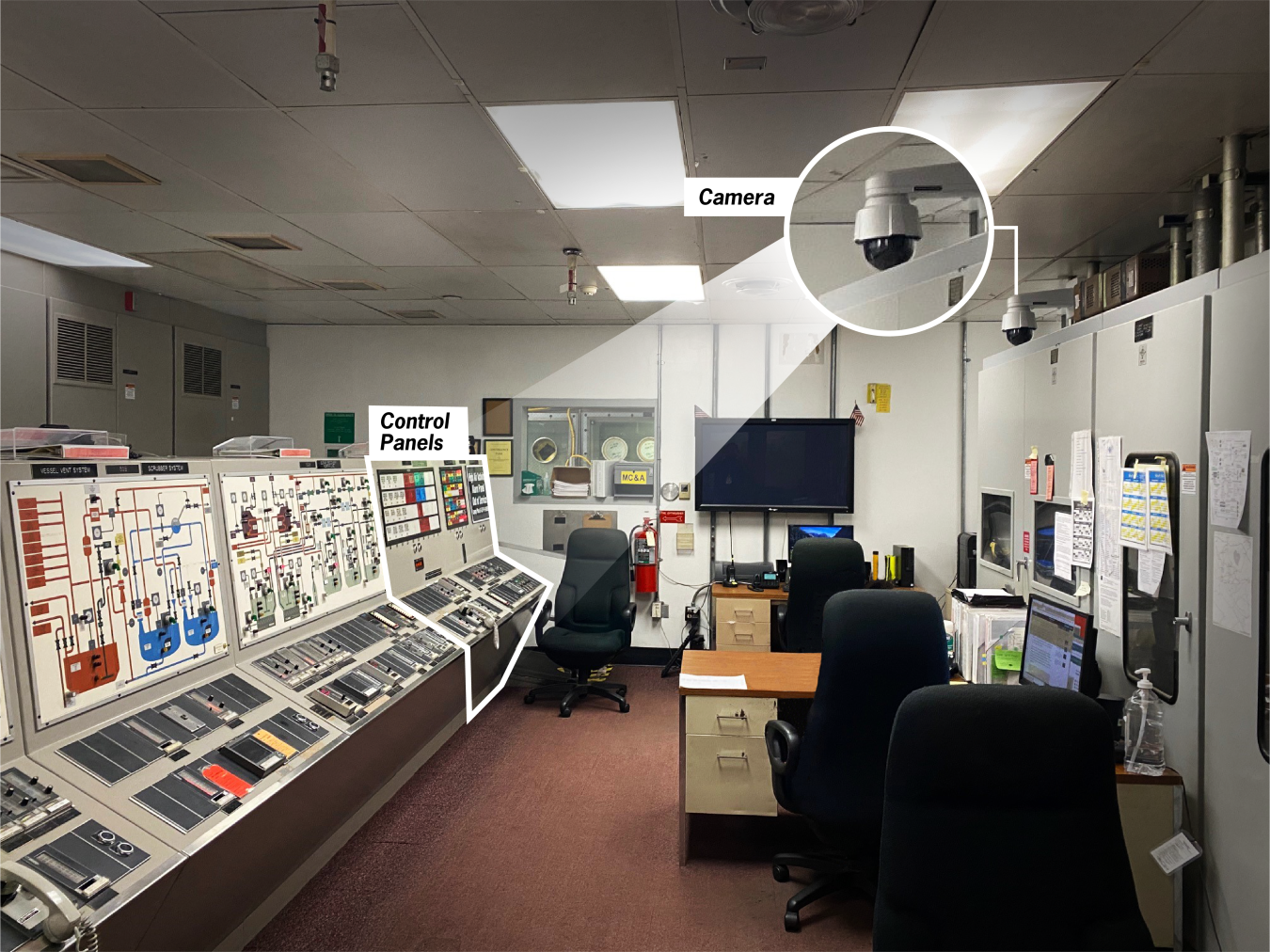 A newly installed camera in a control room at the HB Line facility at the Savannah River Site monitors control panels for alarms at night. 