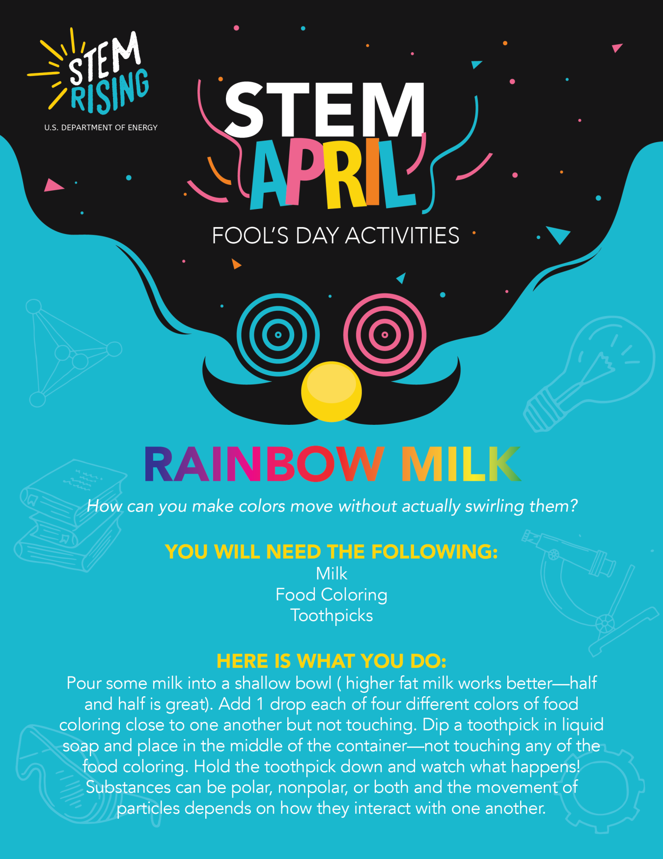 Make some rainbow milk with our STEM April Fool's Day activity. 