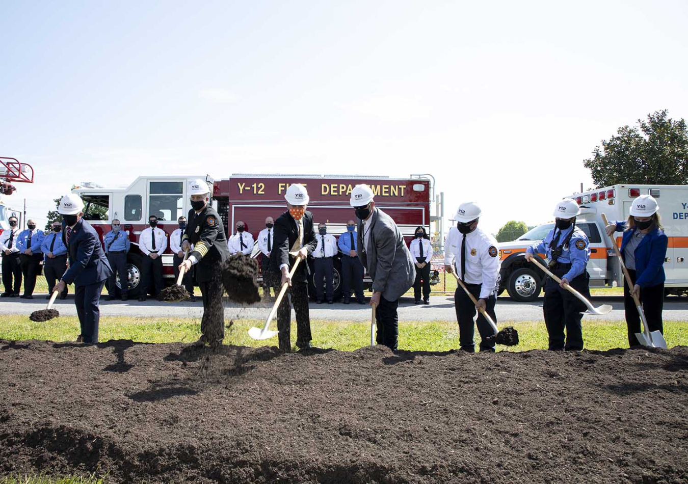 NNSA, Consolidated Nuclear Security, and Y-12 Fire Station leaders toss the first shovels of dirt for the new fire station at Y-12 National Security Complex.