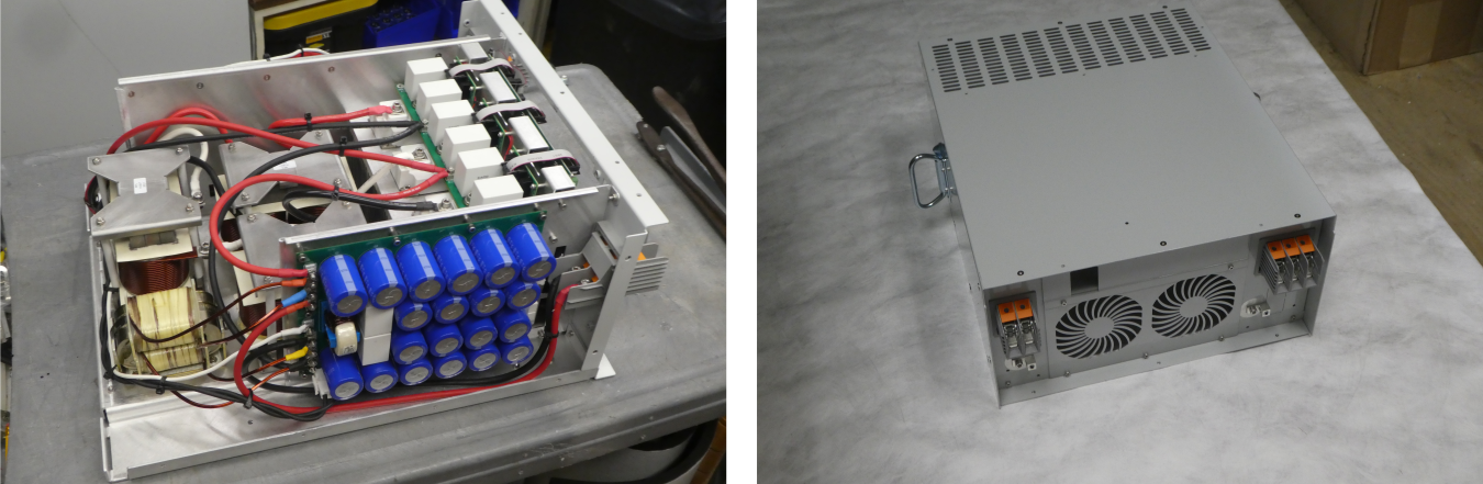 Side-by-side photos of a power inverter. On the left, without its cover and on the right, with its cover.