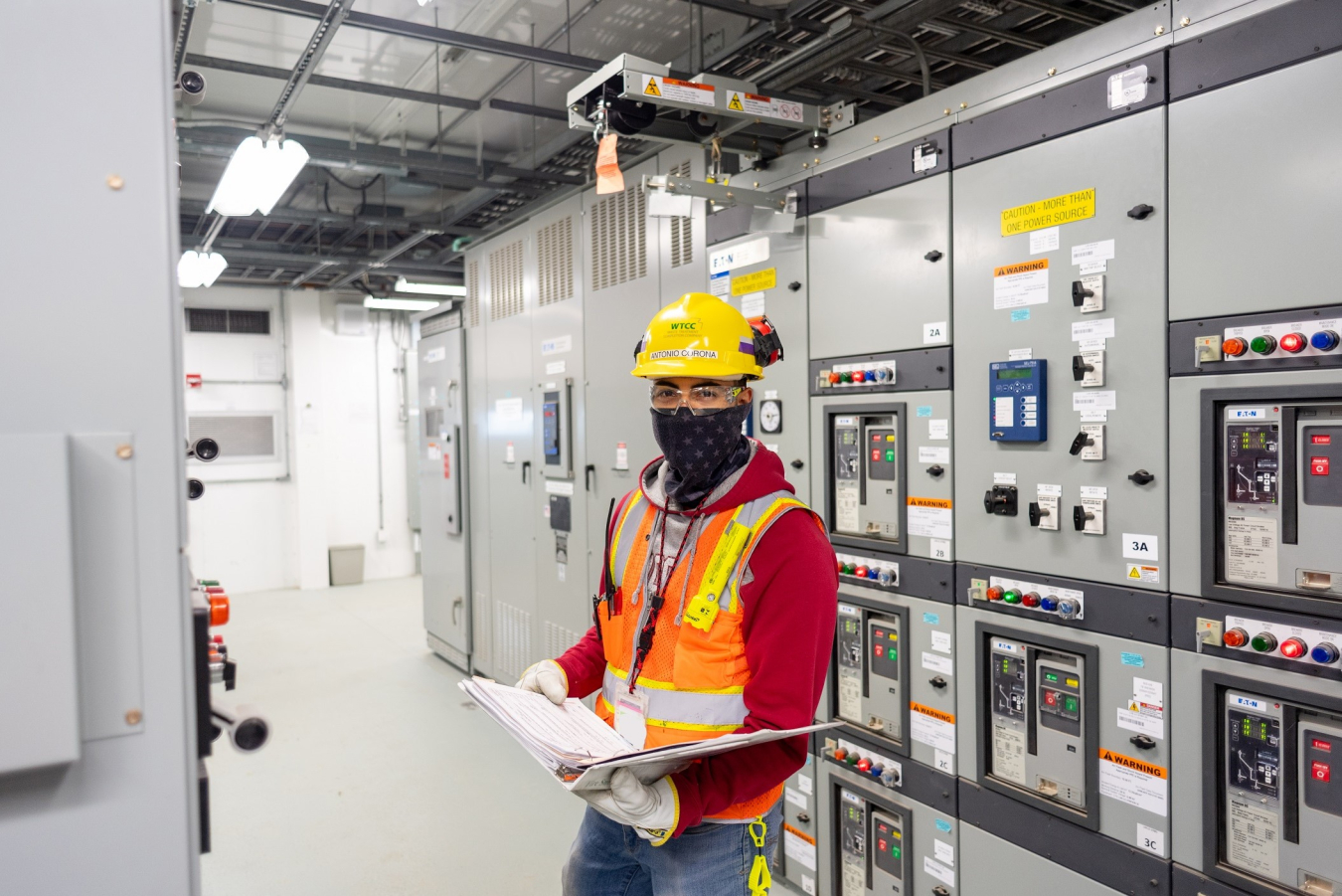 Antonio Corona, commissioning technician for Waste Treatment Completion Company, a subcontractor to project lead Bechtel National, Inc., conducts inspections inside the Effluent Management Facility powerhouse building as part of the completion of startup testing.