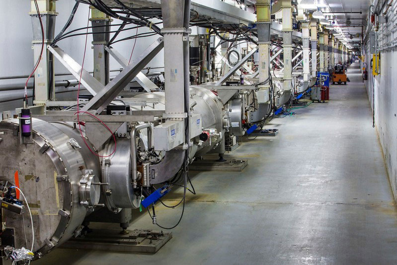 A view of the Continuous Electron Beam Accelerator Facility. This particle accelerator is a complex machine that enables scientists to study the nucleus of the atom and its parts. 