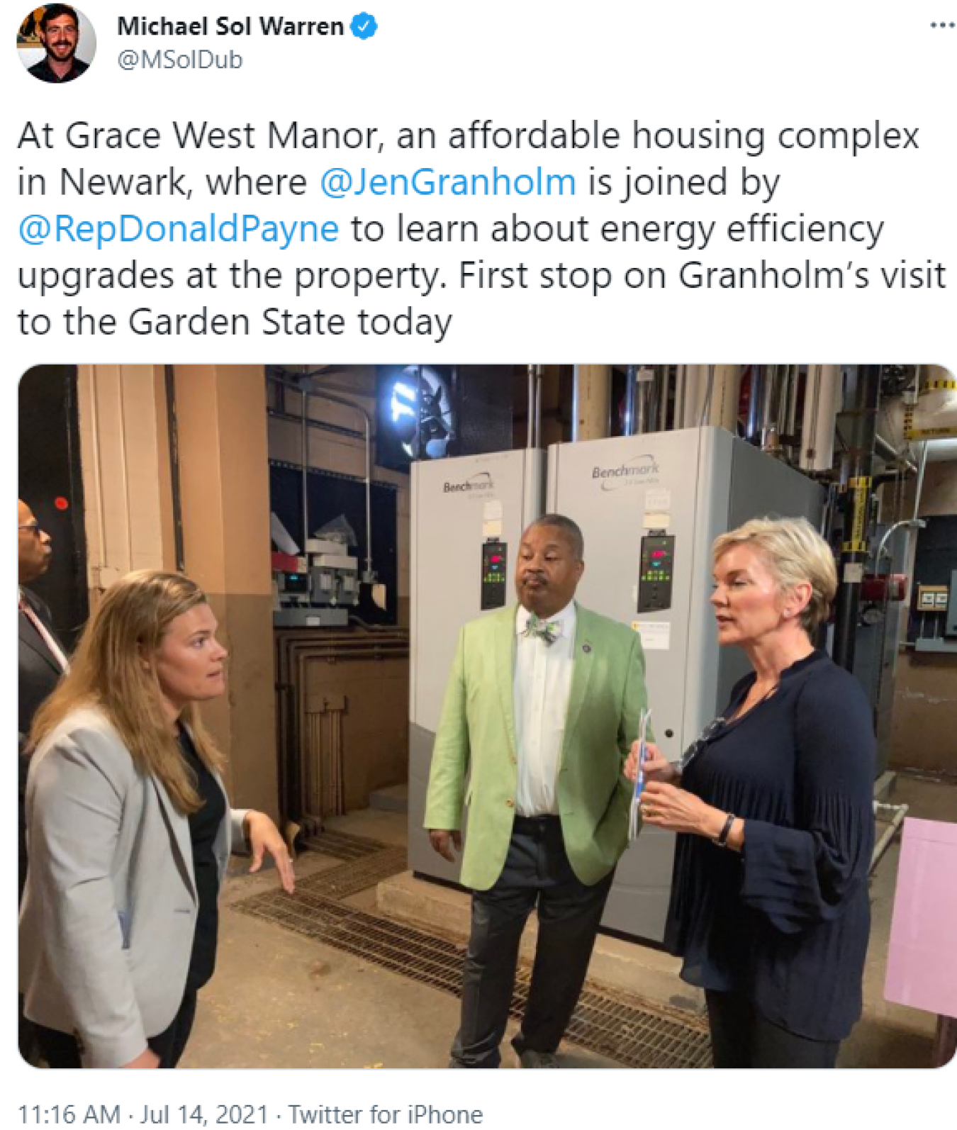 Michael Sol Warren @MSolDub: At Grace West Manor, an affordable housing complex in Newark, where @JenGranholm is joined by @RepDonaldPayne to learn about energy efficiency upgrades at the property. First stop on Granholm’s visit to the Garden State today