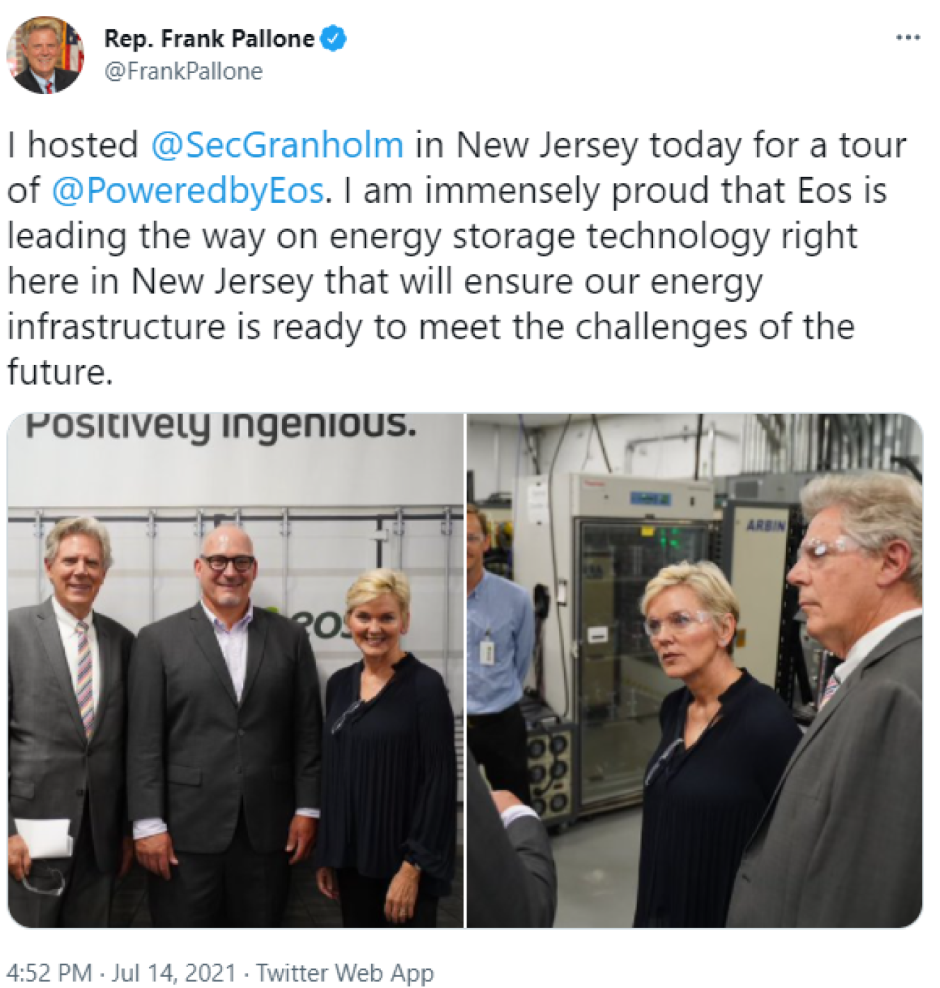 Rep. Frank Pallone @FrankPallone: I hosted @SecGranholm in New Jersey today for a tour of @PoweredbyEos . I am immensely proud that Eos is leading the way on energy storage technology right here in New Jersey that will ensure our energy infrastructure is ready to meet the challenges of the future.