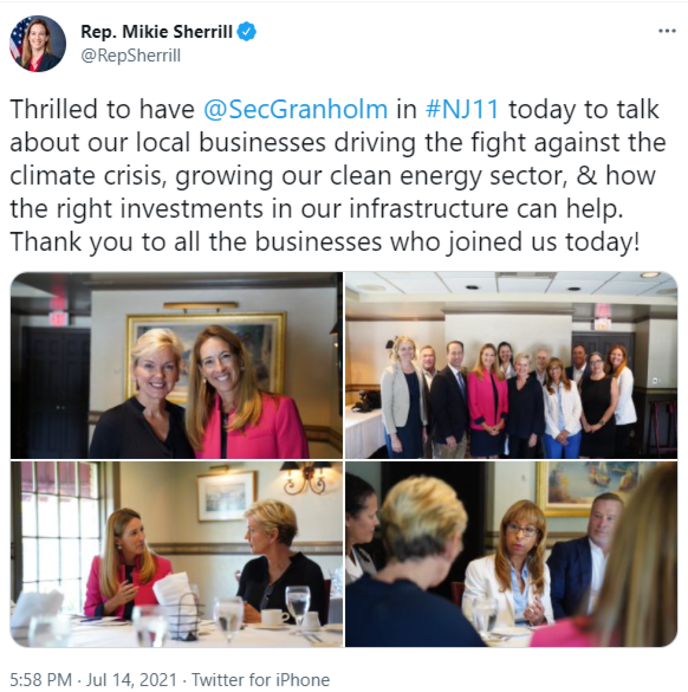 Rep. Mikie Sherrill @RepSherrill: Thrilled to have @SecGranholm in #NJ11 today to talk about our local businesses driving the fight against the climate crisis, growing our clean energy sector, & how the right investments in our infrastructure can help. Thank you to all the businesses who joined us today!