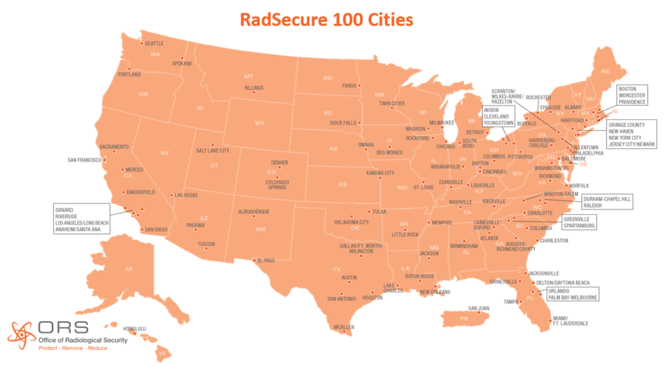 A map showing the RadSecure 100 cities.