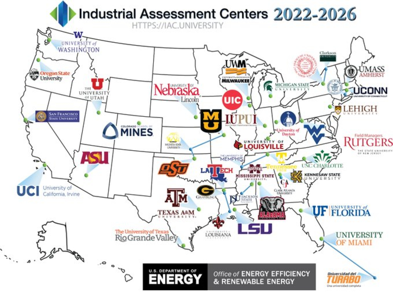 A map of the usa with all industrial assessment centers listed