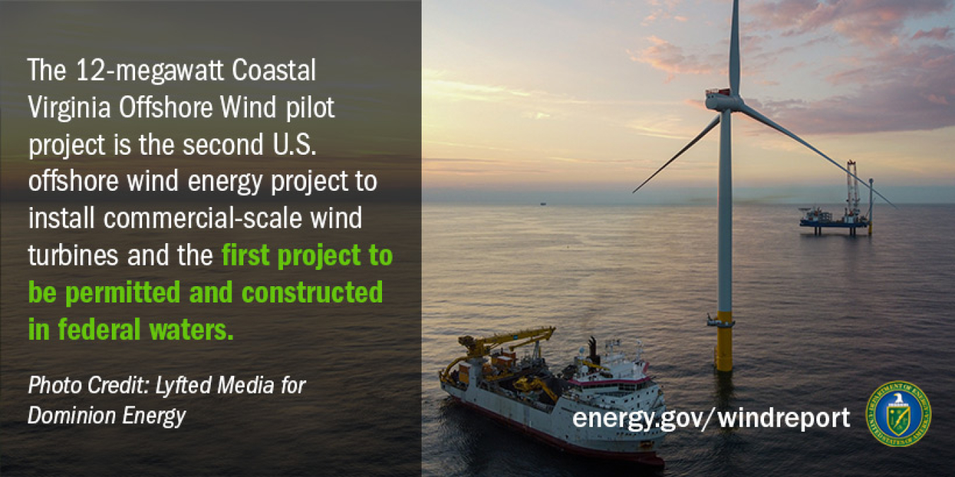 The 12-megawatt Coastal Virginia Offshore Wind pilot project is the second U.S. offshore wind energy project to install commercial-scale wind turbines and the first project to be permitted and constructed in federal waters.  Photo credit: Lyfted Media for Dominion Energy