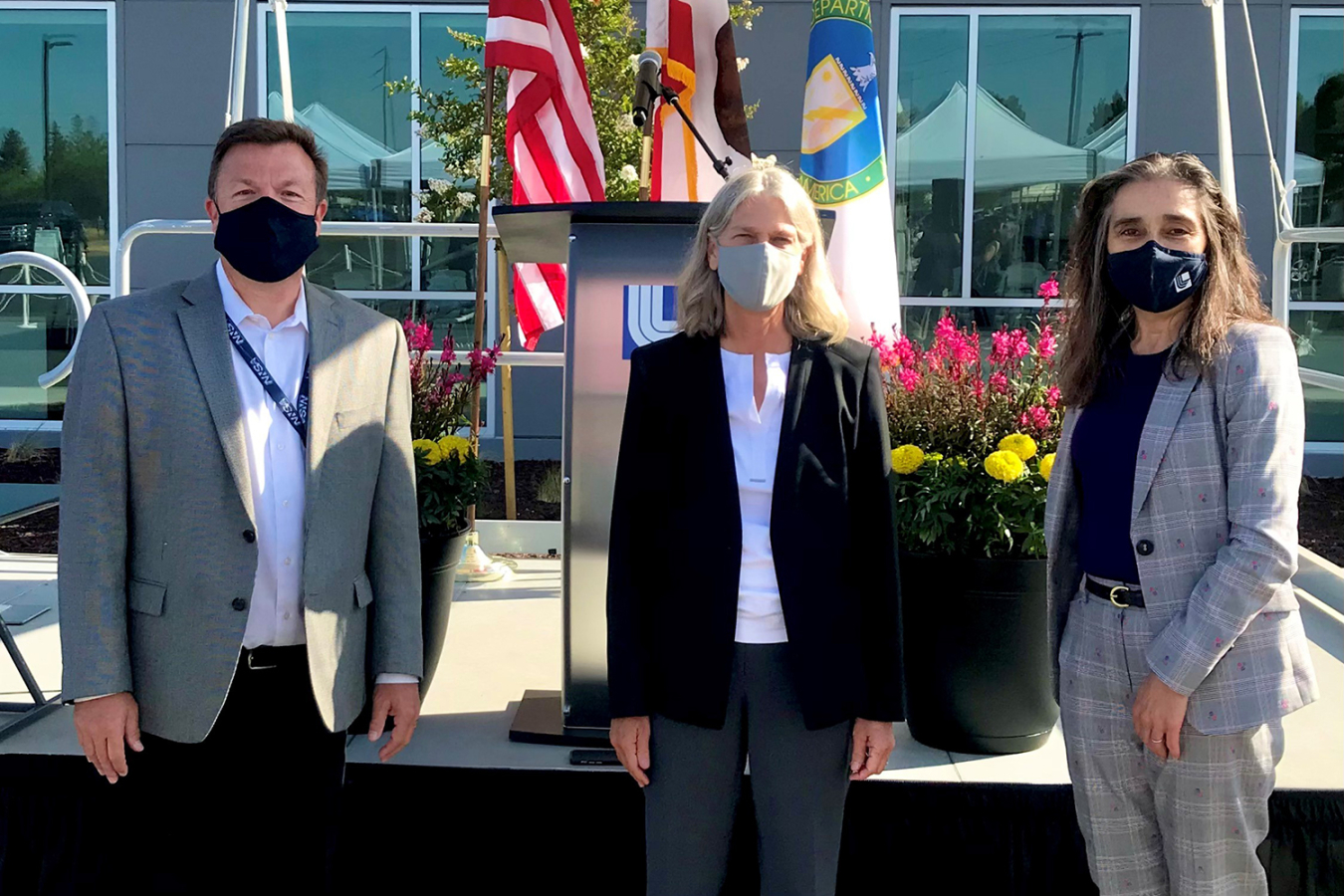 NNSA Livermore Field Office Manager Peter Rodrik, left, and LLNL Director Kim Budil, right, joined NNSA Administrator Jill Hruby at the ribbon cutting for the LVOC