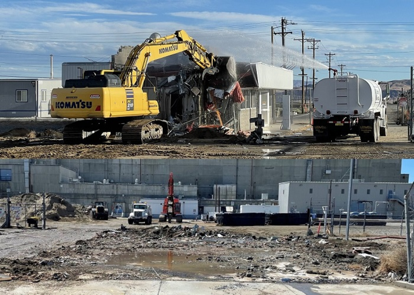 During and after demolition: Crews with EM contractor Central Plateau Cleanup Company safely removed a former Plutonium-Uranium Extraction Plant guard house. The work is part of ongoing risk-reduction efforts on Hanford’s Central Plateau. At top is a view of demolition underway, and immediately above shows the teardown completed. 