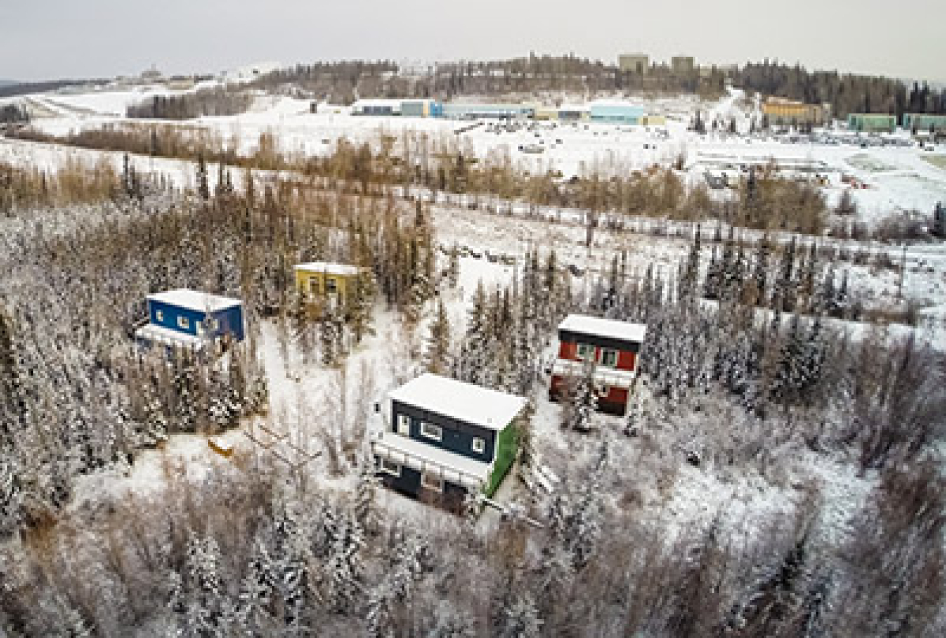 Photo of overhead view of colorful houses at the CCHR in Fairbanks.