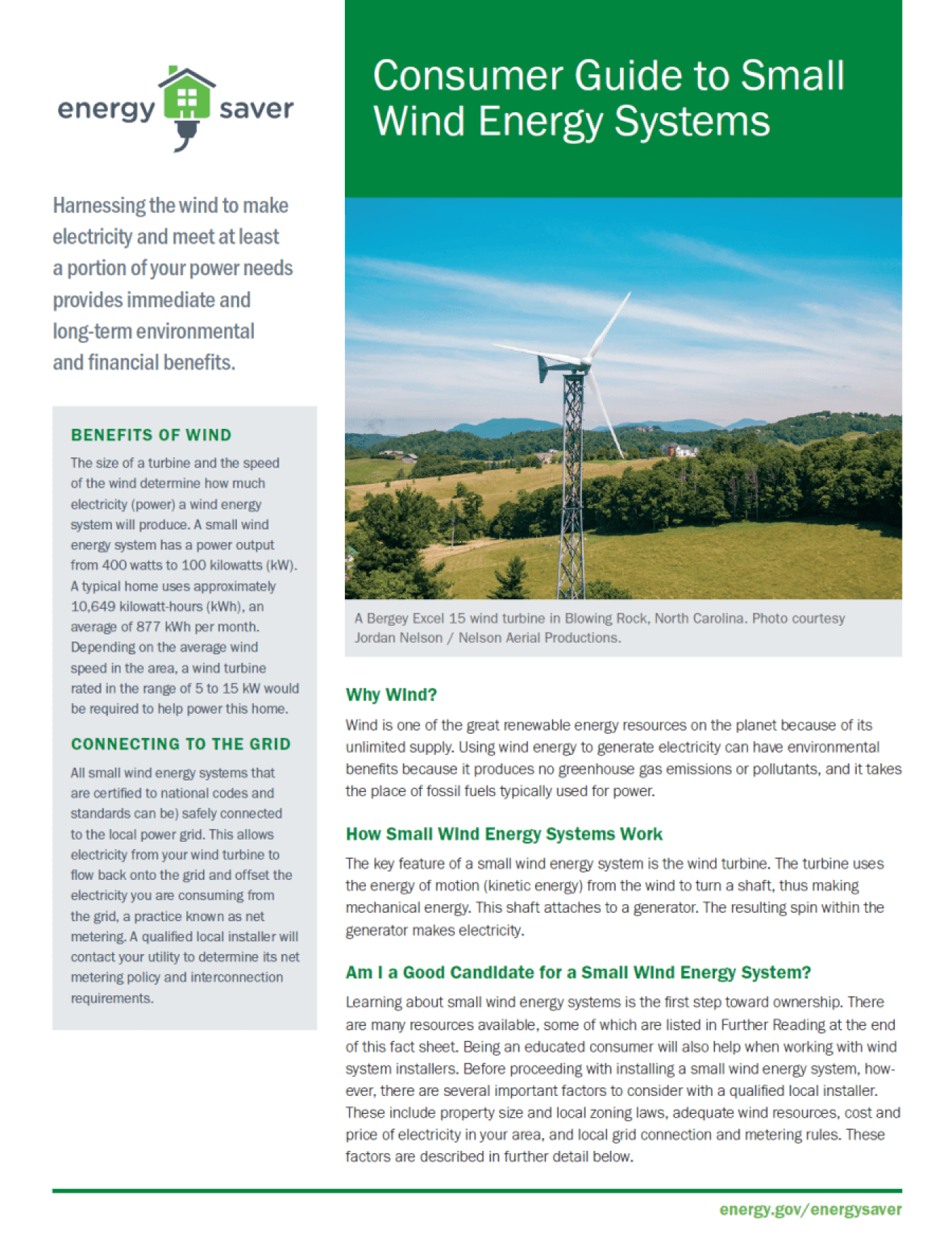 Thumbnail of the Consumer Guide to Small Wind Energy Systems fact sheet