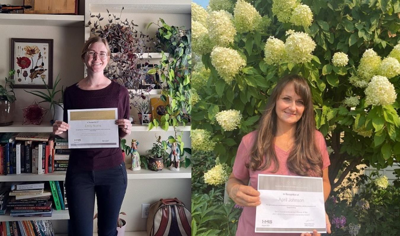 Hanford Mission Integration Solutions biologists Emily Norris, left, and April Johnson received recognition for environmental leadership for the reseeding project on the Hanford Site.