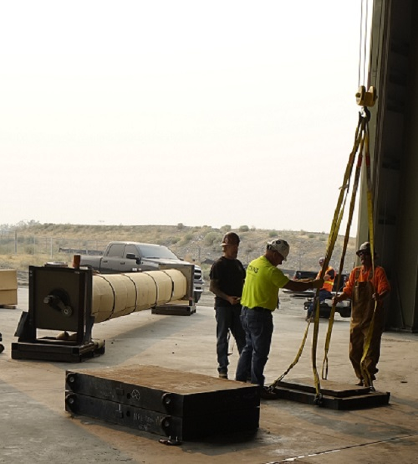 Crews at the Low-Activity Waste Melter Assembly, Storage and Transportation facility near the Hanford Site begin testing the load capacity of a 5-ton crane that will be used to assemble replacement melters for the Waste Treatment and Immobilization Plant.