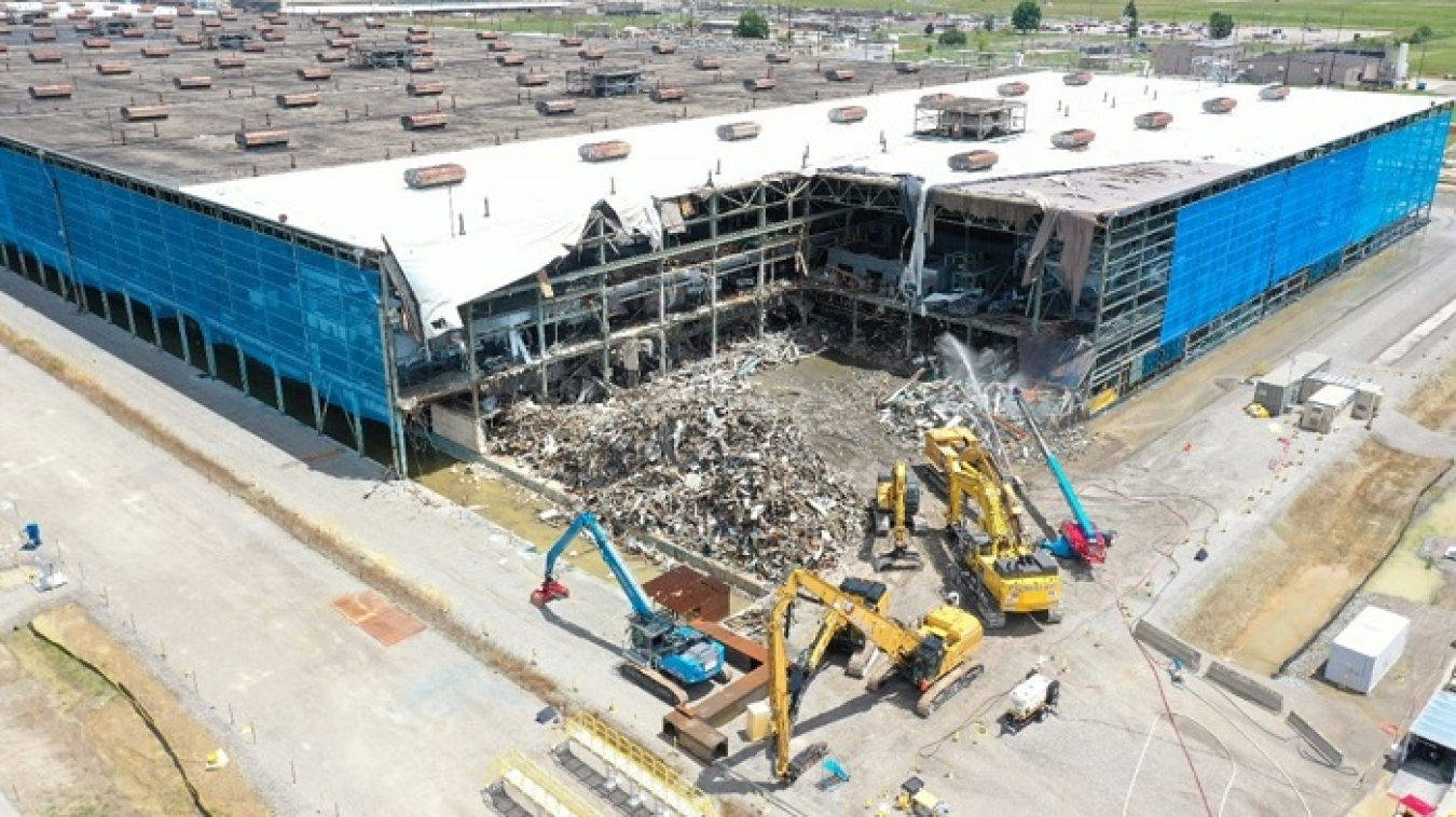 Shown is what remained of the southwest corner of the X-326 Process Building at the Portsmouth Site in June 2021, as Fluor-BWXT Portsmouth continued structural demolition that began in May.