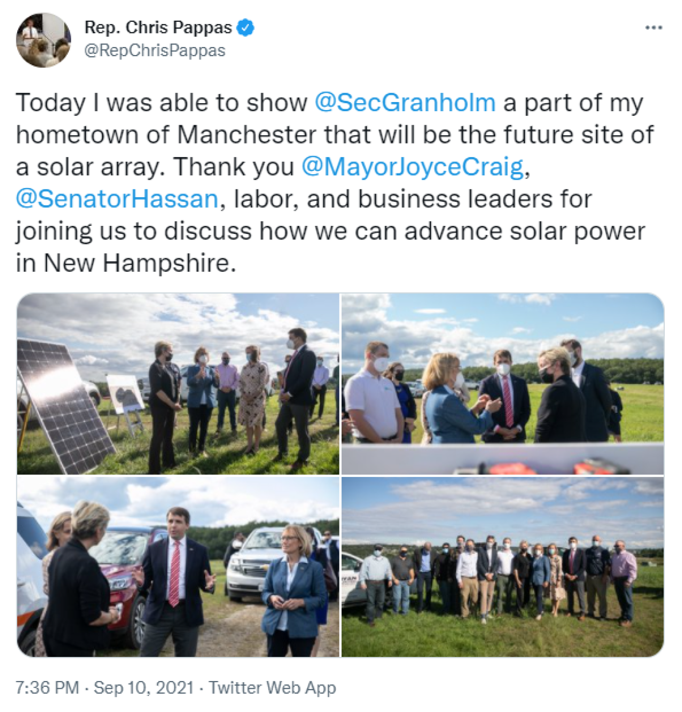 Today I was able to show @SecGranholm a part of my hometown of Manchester that will be the future site of a solar array. Thank you @MayorJoyceCraig, @SenatorHassan, labor, and business leaders for joining us to discuss how we can advance solar power in New Hampshire. 