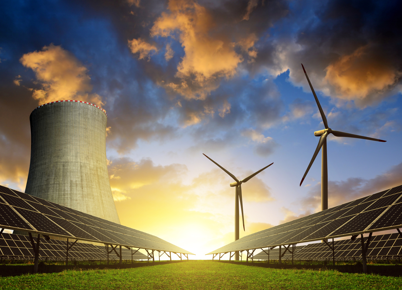 Solar panels wind turbines and nuclear reactor 