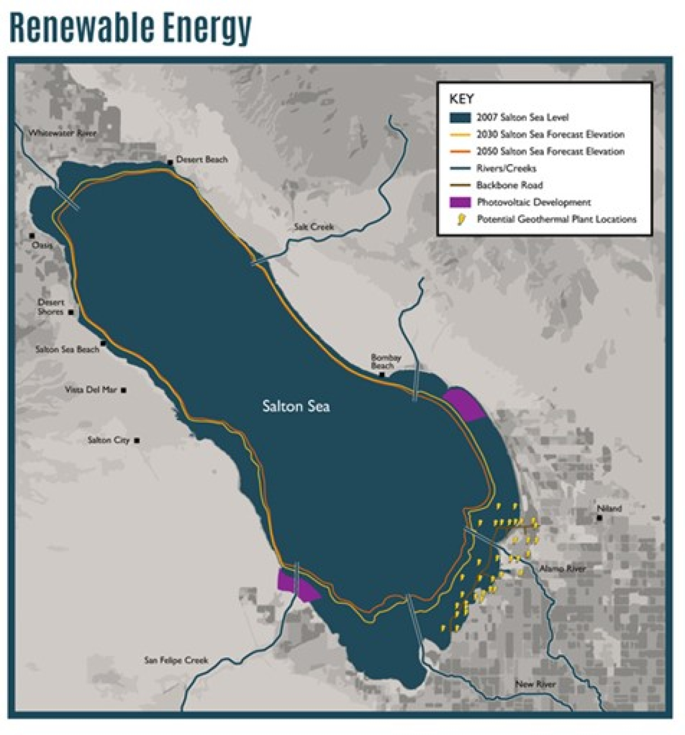 Current and potential geothermal power plants are concentrated along the southeastern coastline of the Salton Sea, in southern California. These locations coincide with high concentrations of lithium and other critical materials. As the Salton Sea continues to recede, the potential increases for expanding geothermal operations and capturing greater quantities of minerals.